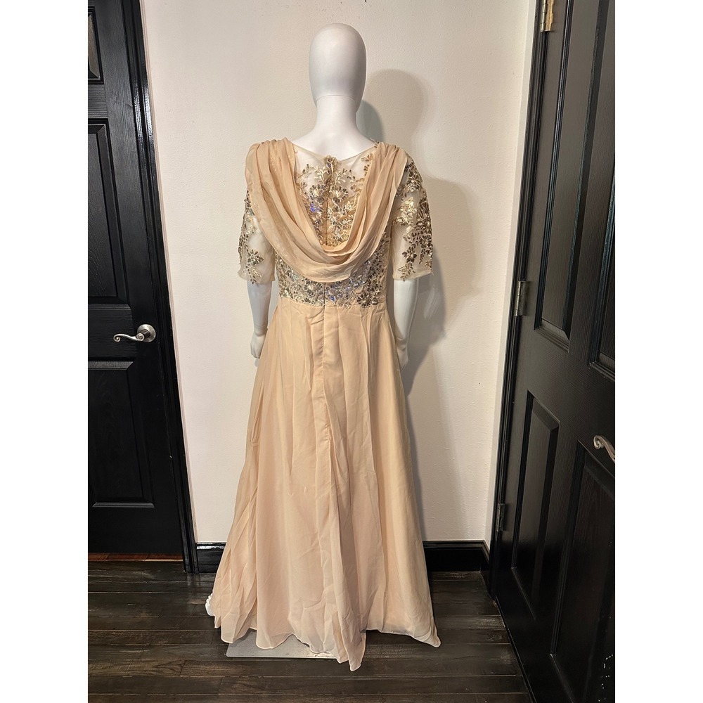 Champagne Chiffon Evening Gown Gold Sequin Floral Embroidery Cowl Back Dress - Picture 3 of 3